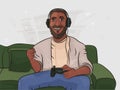 Gamer plays video games on the sofa. An African American plays on a console and a gamepad in his hand. Vector