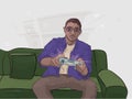 Gamer plays video games on the sofa. A boy plays on a console and a gamepad in his hand. Vector illustration in cartoon