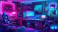 Gamer setup with computer, monitor, headphones and neon posters on table, couches, and furniture of a gameroom for