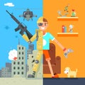 Gamer Soldier immersion virtual reality Icon Living Room battlefield Flat Design Character Vector Illustration