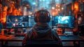 Gamer, streamer or vlogger wearing headset using three computer screens Royalty Free Stock Photo