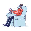 Gamer with VR glasses and steering wheel. Home car driving simulator for gaming technology