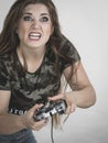 Gamer woman holding gaming pad Royalty Free Stock Photo