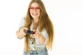 Gamer woman holding gaming pad Royalty Free Stock Photo