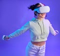 Gamer woman, metaverse and virtual reality headset for futuristic gaming, cyber and 3d world. Happy person flying with