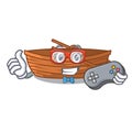 Gamer wooden boat sail at sea character Royalty Free Stock Photo