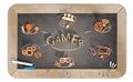 `gamer` word with 3D icons on slate chalkboard