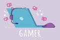 Gamer workplace concept illustration, laptop, headphones, mouse clicker in a flat style, isolated on a purple background