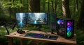Gamer workstation setup with rgb lighting in serene forest environment Royalty Free Stock Photo