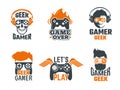 Gamers badges. Joystick video gaming old school labels for smart geek vector template