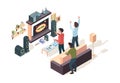 Gamers isometric. Game developer testing playing on console nerd persons in action pose sitting on sofa watching on