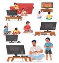 Gamers playing console video games on tv with controllers, vector illustration. Video gaming technologies. Leisure time.