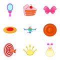 Games for girls icons set, cartoon style