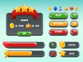 Games gui set. Mobile gaming user interface icons and items colored button status bar ribbons casual build vectors Royalty Free Stock Photo