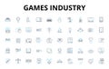 Games industry linear icons set. Gaming, Competition, Innovation, Fun, Strategy, Entertainment, Multiplayer vector