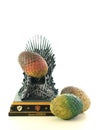 Games of Thrones HBO authorized replica of the Iron Throne with dragon eggs.