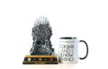 Games of Thrones HBO authorized replica of the Iron Throne with I Drink mug.