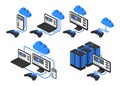 Collection computer monitor, laptop and smartphone connected to the cloud for play game with gamepad in isometric