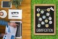 GAMIFICATION Businessman working at office desk and using computer and objects, Gamification Business Concept