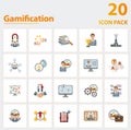 Gamification icon set. Collection of simple elements such as the user engagement, challenge, learning, game thinking