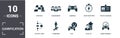 Gamification icon set. Contain filled flat game dynamics, engagement, gamepad, points and badges, activity loop, fun