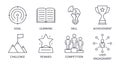 Gamification line icons. Editable stroke. Vector set of graphics elements. Goal learning skill achievement. Challenge reward