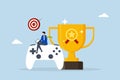 Gamification, man with computer laptop on game joystick with trophy award Royalty Free Stock Photo