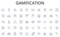 Gamification line icons collection. Exploration, Adventure, Progress, Growth, Challenge, Discovery, Development vector
