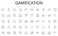 Gamification line icons collection. Exploration, Adventure, Progress, Growth, Challenge, Discovery, Development vector