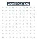 Gamification vector line icons set. Gamification, play, game, engagement, motivation, reward, level illustration outline