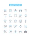 Gamification vector line icons set. Gamification, play, game, engagement, motivation, reward, level illustration outline