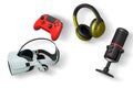Gaming accessories like headphones, VR headset, mic, mouse, and controller isolated on white background with clipping path Royalty Free Stock Photo