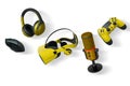 Gaming accessories like headphones, VR headset, mic, mouse, and controller isolated on white background with clipping path Royalty Free Stock Photo