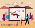 Gaming addiction, health disorder concept. Man plays video game and ignores his family. Line with editable stroke. Vector flat