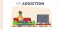 Gaming Addiction, Virtual Reality Simulation Hobby Landing Page Template. Man Gamer Character Playing Video Game