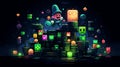 gaming background with a mario tamagochi jumping on a stack of computers in a dark