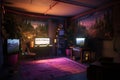 Gaming Cave: Capture a set of images that showcase a dark, immersive gaming cave. Generative AI
