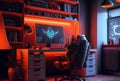 Pc gamer room with gaming chair and wide led on study table, Generative Ai