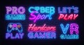 Gaming collection neon signs vector. Gamer design template concept. Neon banner background design, night symbol, modern