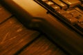 Gaming computer keyboard on a wooden table. Up and down buttons on a computer keyboard Royalty Free Stock Photo