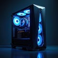 Gaming computer tower with blue LED lights. Internal components visible through transparent panel. Modern PC rig for gamers, tech Royalty Free Stock Photo