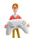 3d illustration. Nerd Larry with gamepad. Gaming concept.