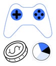 Gaming controller with coin and pie chart representing monetization and analytics in the gaming industry Royalty Free Stock Photo