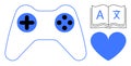 Gaming Controller, Open Book with Languages, and Heart Representing Fun, Learning, and Passion Royalty Free Stock Photo