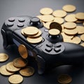 Gaming controller is placed on a dark surface, covered with scattered Royalty Free Stock Photo