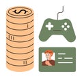 Gaming controller, stacked coins, and ID card highlighting digital economy and identity themes Royalty Free Stock Photo
