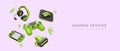 Gaming devices. Realistic green gamepad, controller, headphones, mouse, virtual reality glasses Royalty Free Stock Photo