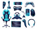 Gaming equipment. Full element collection for gaming entertainment. E-sport accessories. Elements for gamer tournament