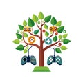 Gaming Evolution: Flat Illustration of a Tree with Game Consoles and Controllers Royalty Free Stock Photo