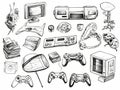 Gaming gadgets computer play technologies icons in hand-drawn style